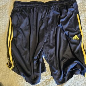 Adidas Men's Dark Blue Shorts with Yellow Stripes